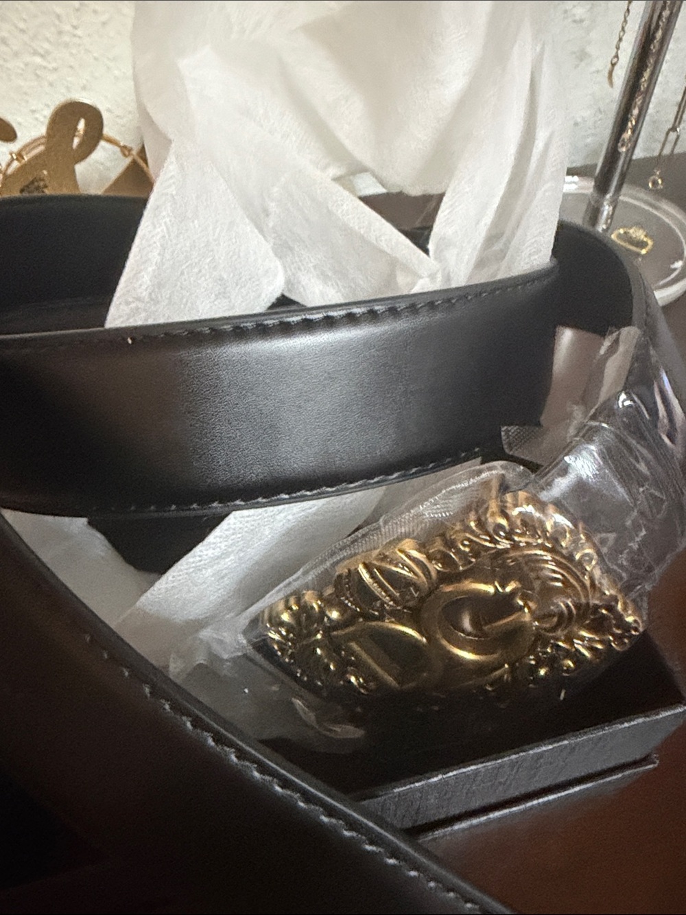 Black Leather Belt with Ornate Gold Buckle